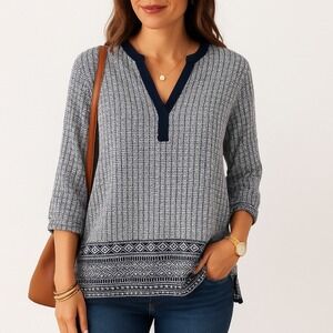 Cynthia Rowley Woman 1X Blue White Geo Print V Neck 3/4 Sleeve Tunic Top Rayon